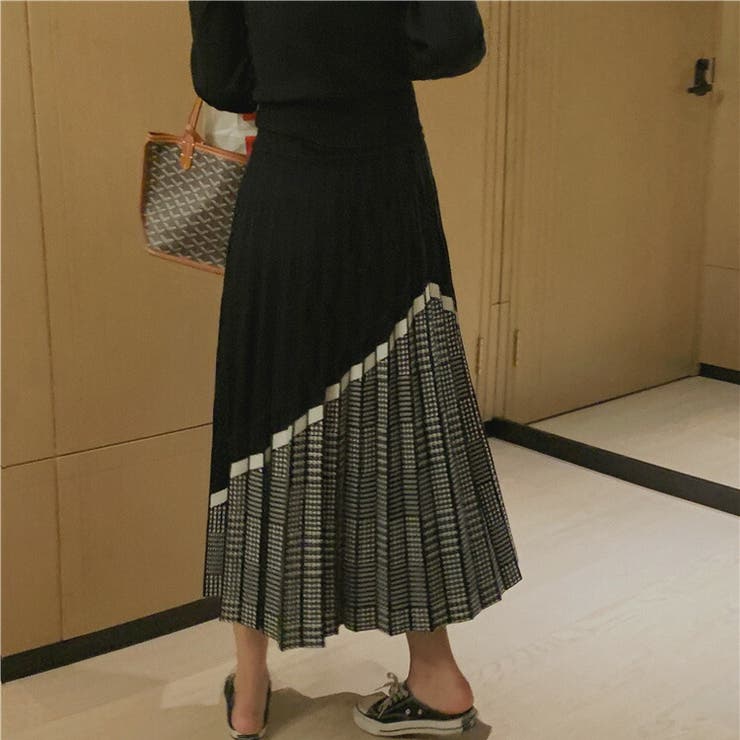 柄切替ニットスカート 全2色 千鳥チェック柄[品番：JSFW0008883]｜JS