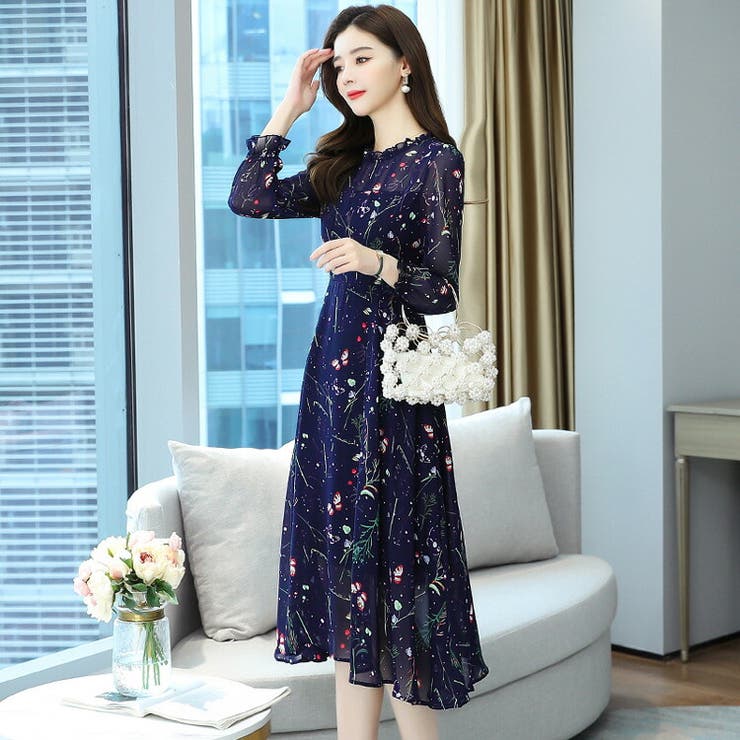 柄ワンピース シフォンワンピース ロングワンピース[品番 柄ワンピース シフォンワンピース ロングワンピース[品番