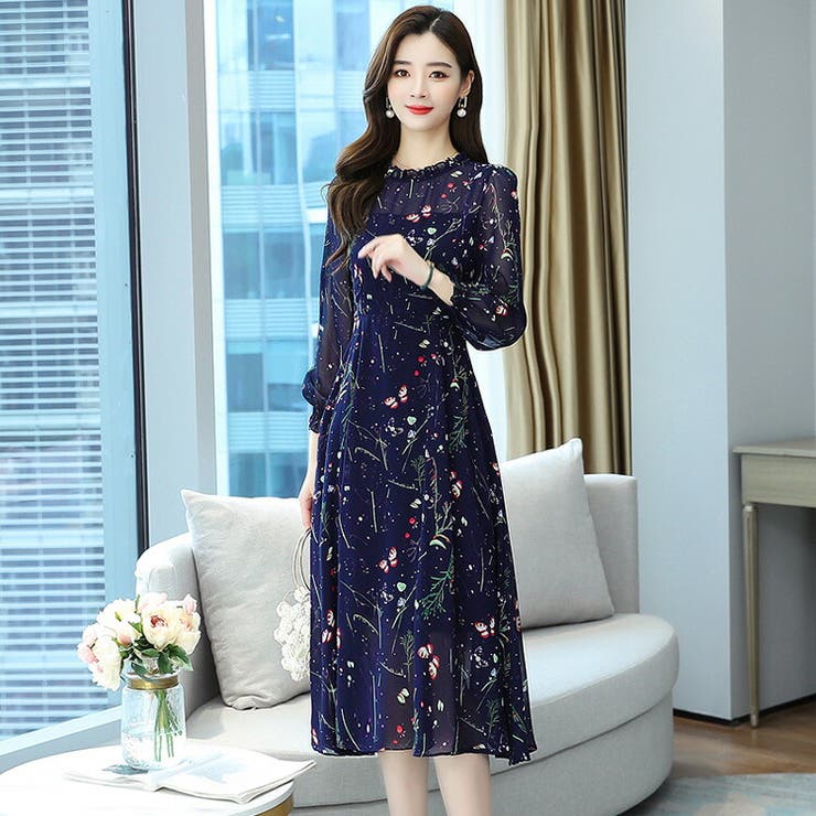 柄ワンピース シフォンワンピース ロングワンピース[品番 柄ワンピース シフォンワンピース ロングワンピース[品番