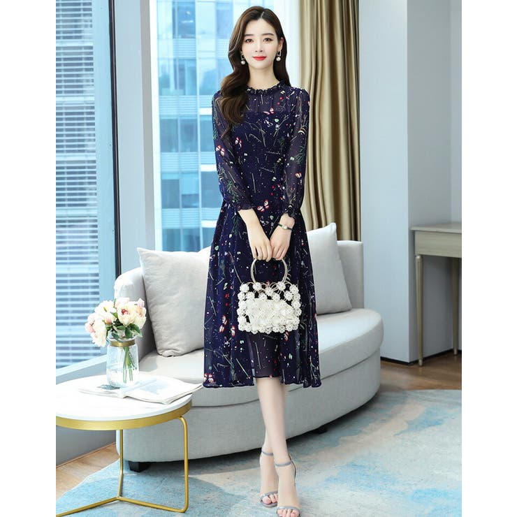 柄ワンピース シフォンワンピース ロングワンピース[品番 柄ワンピース シフォンワンピース ロングワンピース[品番