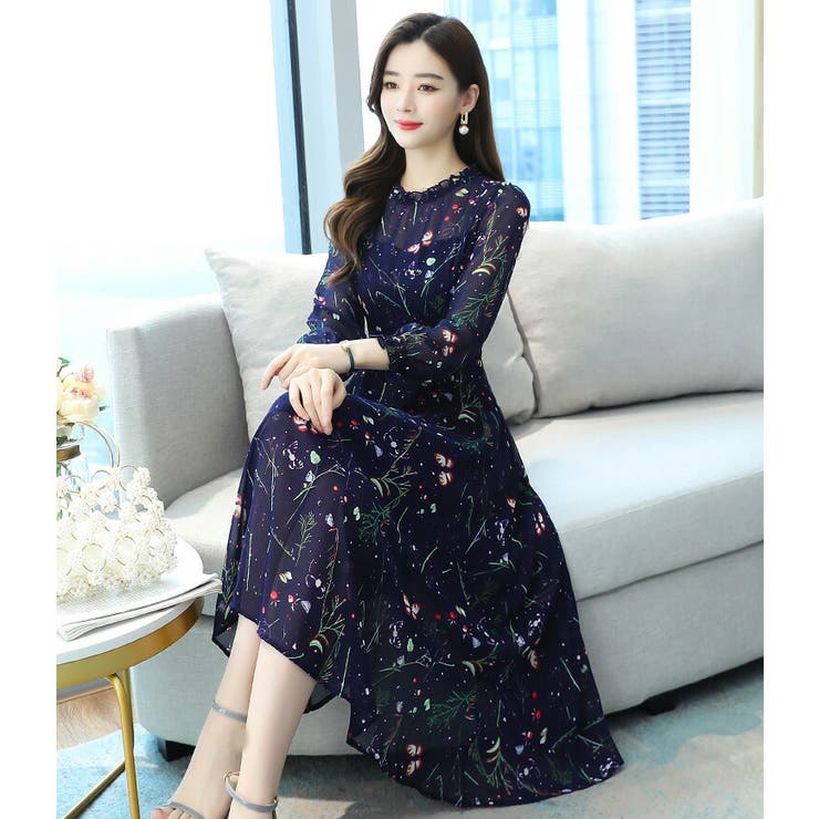 柄ワンピース シフォンワンピース ロングワンピース[品番 柄ワンピース シフォンワンピース ロングワンピース[品番