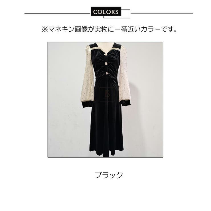 ベロアワンピース ドット柄切替 Aラインワンピース[品番