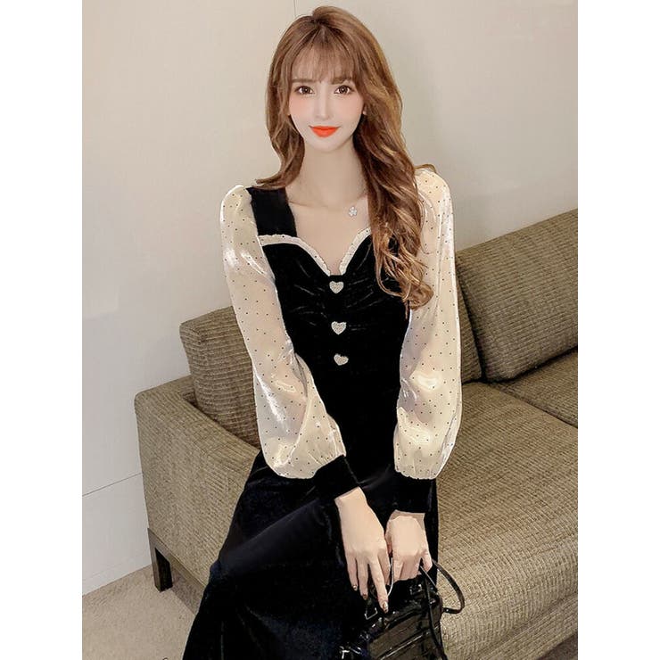 ベロアワンピース ドット柄切替 Aラインワンピース[品番：JSFW0009011  