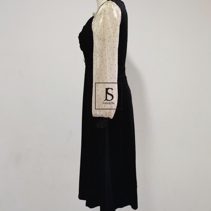 ベロアワンピース ドット柄切替 Aラインワンピース[品番：JSFW0009011