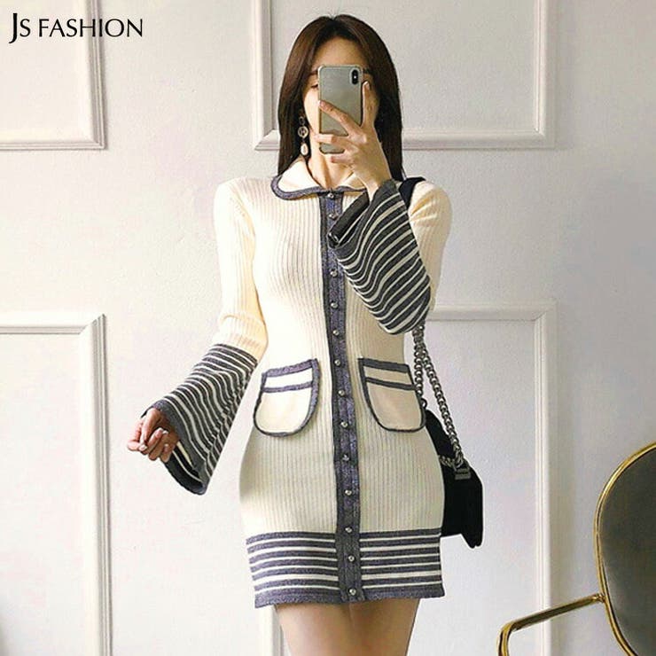 ニットワンピース ボーダー風ライン入り フレアスリーブ 品番 Jsfw Js Fashion ジェーエスファッション のレディースファッション通販 Shoplist ショップリスト