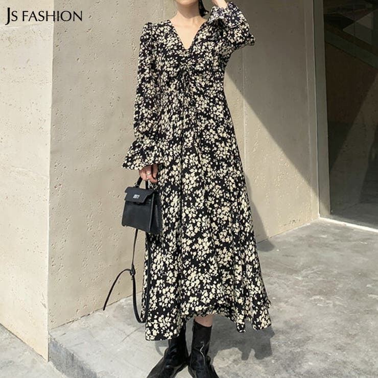abeille 花柄マキシドレス 黒 dress-monde_stdm613