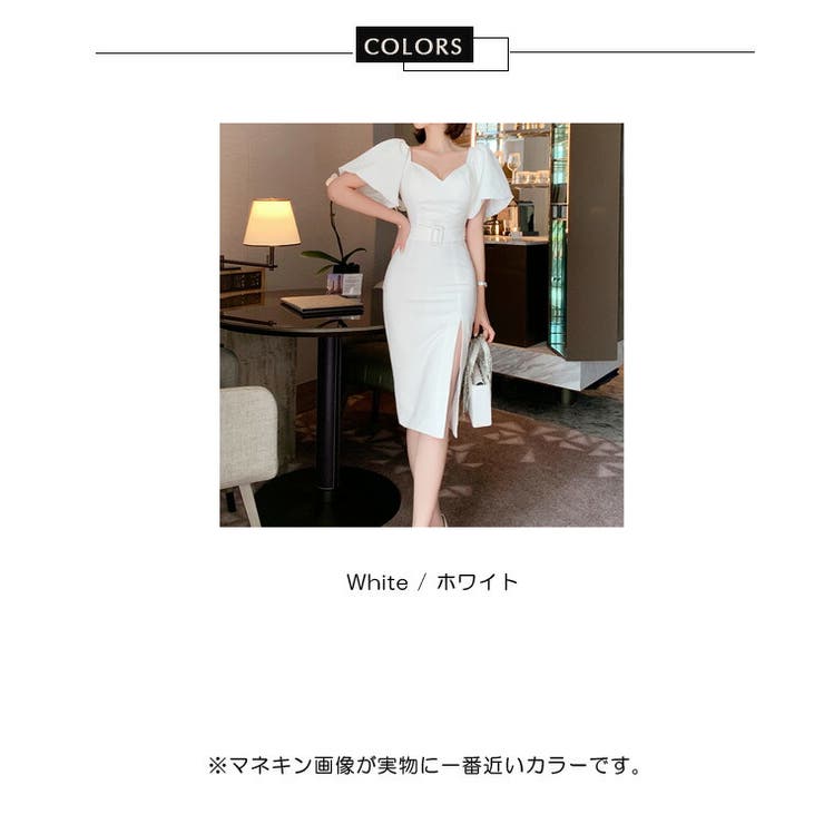 パフスリーブフレアミディワンピースベルトセット/ゲストDress 結婚式・お呼ばれドレス｜リボンベルト付パフスリーブドレス