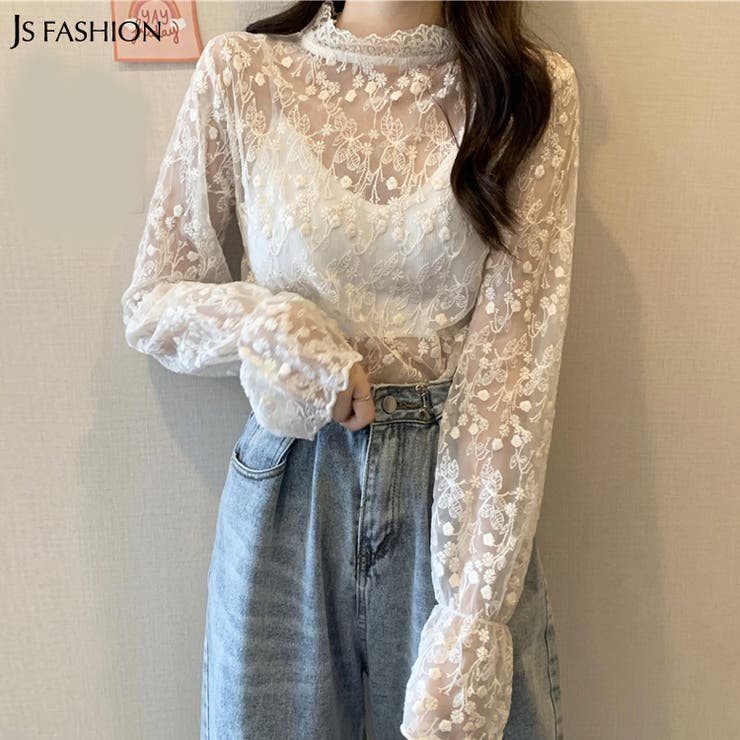 レーストップス 刺繍レース シアーブラウス[品番：JSFW0008091