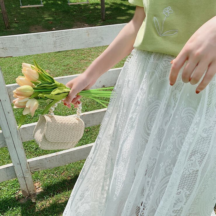 ロングスカート 全3色 刺繍レーススカート[品番：JSFW0008396