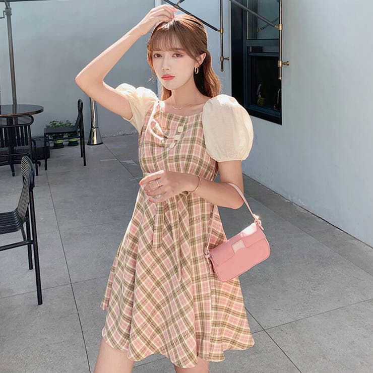 ルミニョン　ファーカラーチェックドレス　ワンピース ダーリッチ Darich チェックファーニットミニワンピース （アイボリー