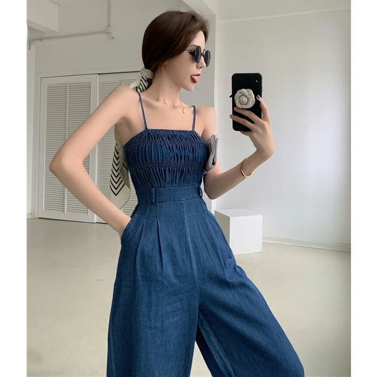 デニム　シャーリングワンピース　シャーリングサロペット 新品】しまむら デニムシャーリング ワンピース サックス L