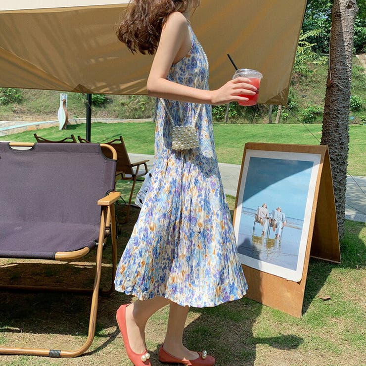 イタリアで購入 シルク100％ 青と白のキャミワンピース イタリア