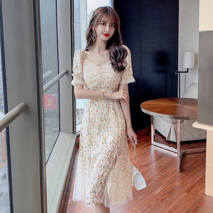ふわふわ半袖 オシャレ パーティー バースデードレス 花柄 パーティー バースデードレス ふわふわ 結婚式 花柄 半袖
