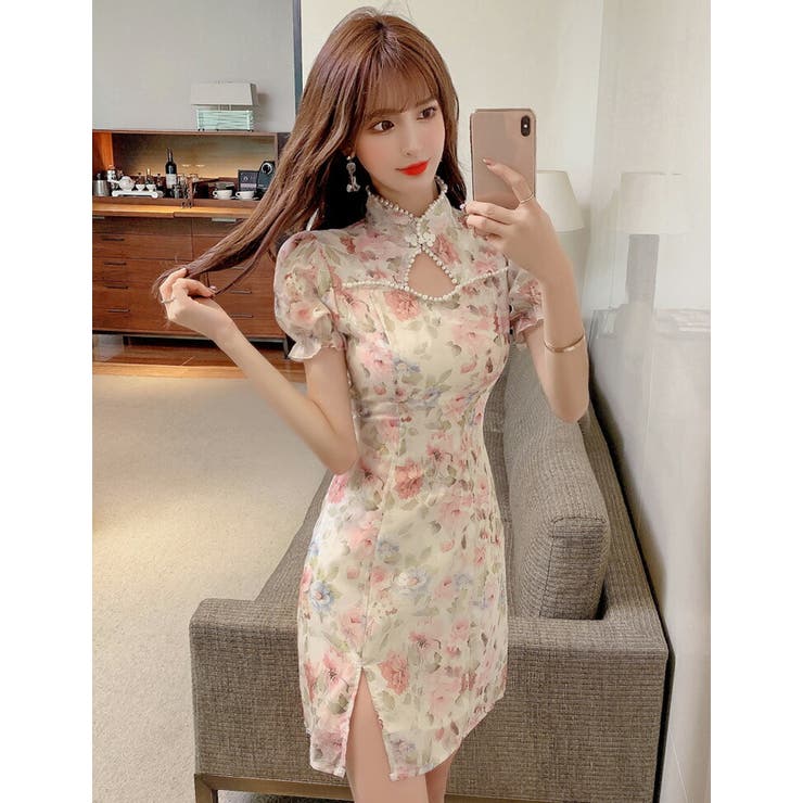 パーティードレス チャイナドレス風 花柄ワンピース[品番