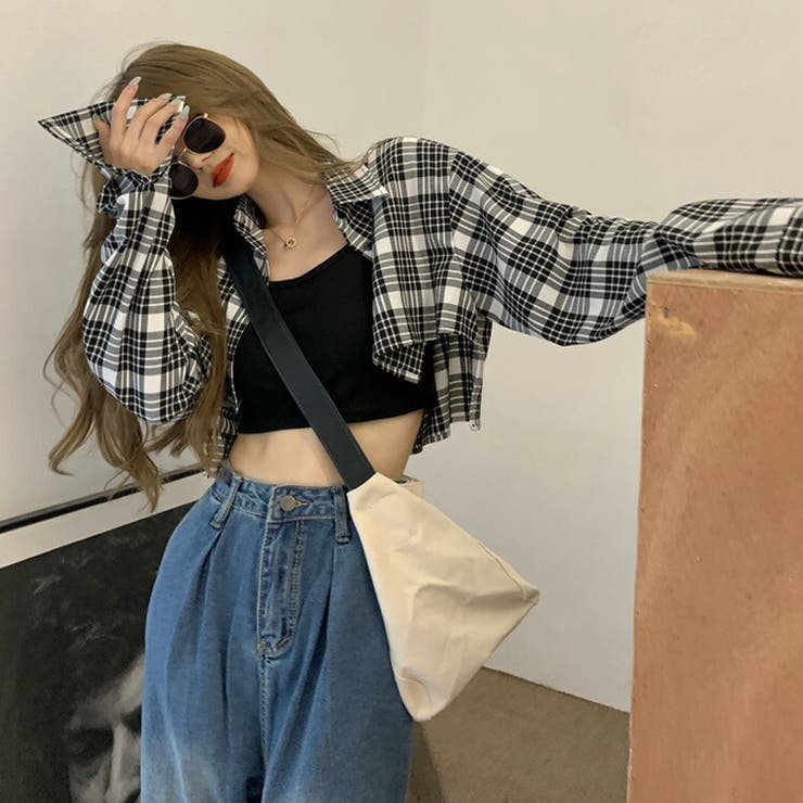 超ショート丈トップス チェックシャツ 春トップス[品番