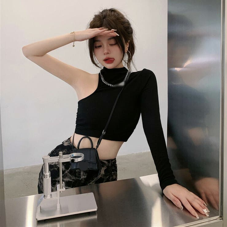 ワンショルダーカットソー クロップド丈 ショート丈[品番