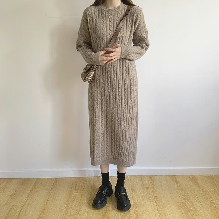 ケーブルニットワンピース 全2色 Iライン[品番：JSFW0009884