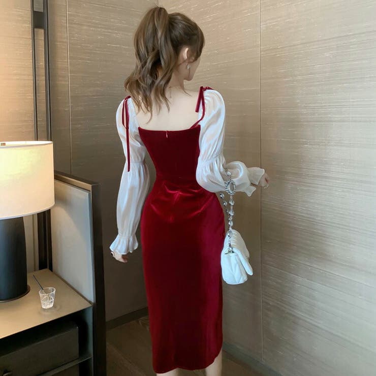 ベロアワンピース 赤 レッドドレス[品番：JSFW0009872]｜JS