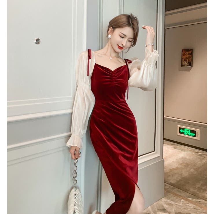 【予約販売】本 ベロアワンピース レッドドレス[品番：JSFW0009872]｜JS 赤 ワンピース