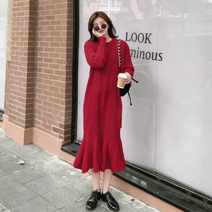 ニットワンピース ロングワンピース ケーブル編み[品番