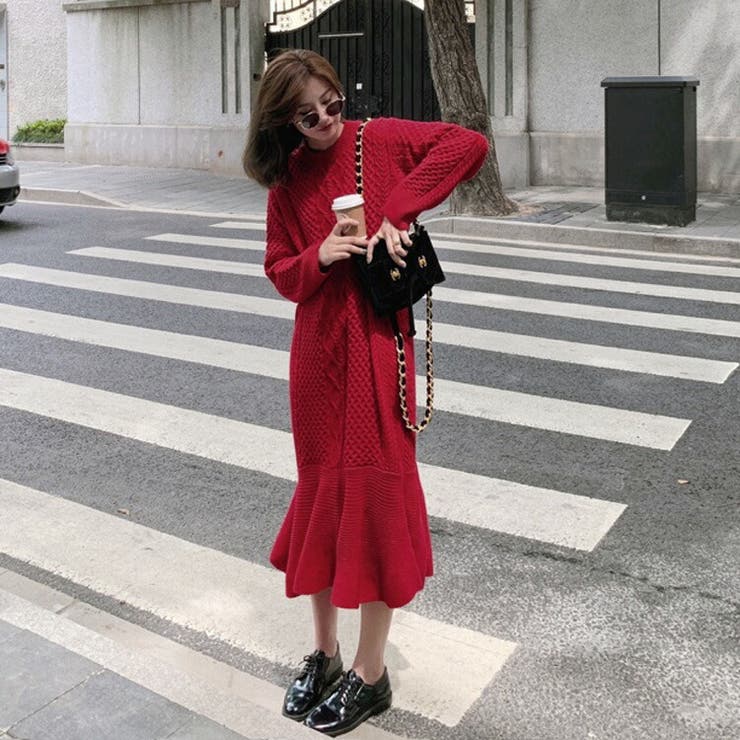 ニットワンピース ロングワンピース ケーブル編み[品番 ニットワンピース ロングワンピース ケーブル編み[品番