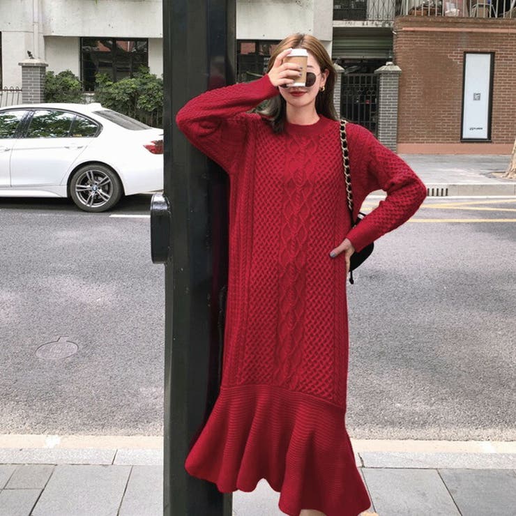ニットワンピース ロングワンピース ケーブル編み[品番