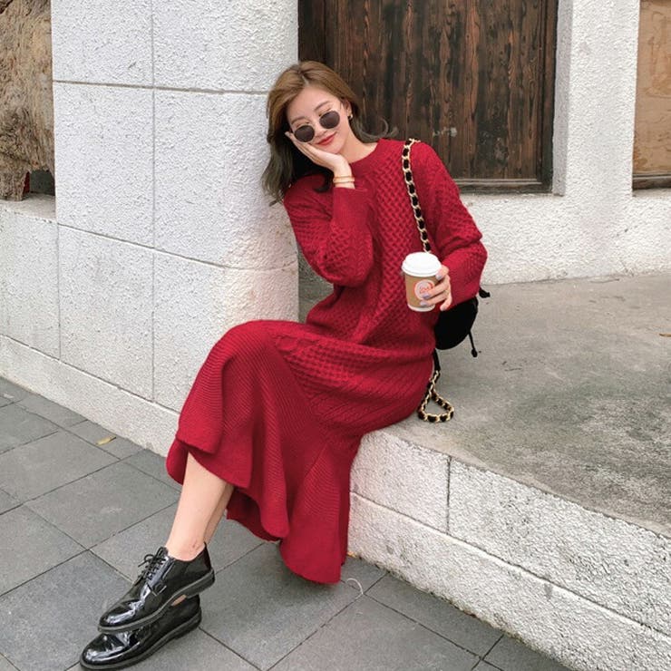 ニットワンピース ロングワンピース ケーブル編み[品番