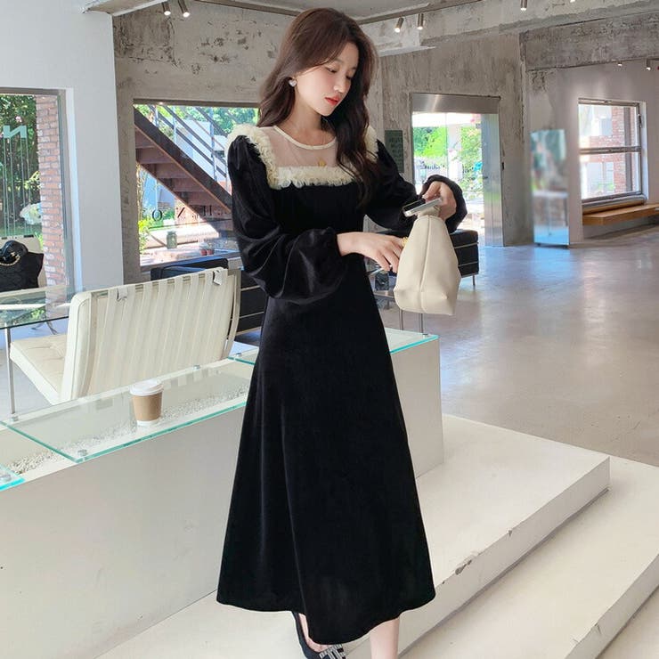 ベロアワンピース ロングワンピース シースルー