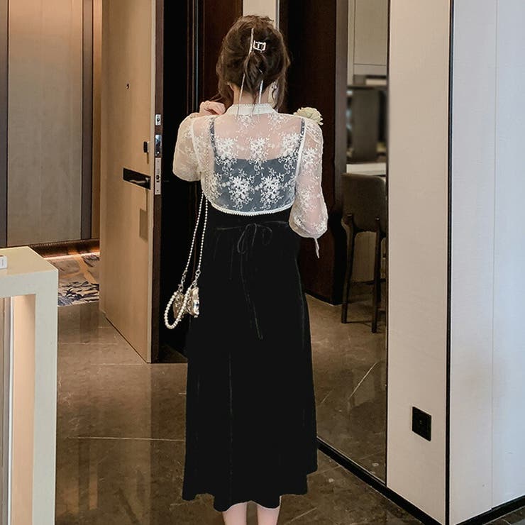 未使用級✨パメオポーズ OdileDress ベロアワンピース レース付