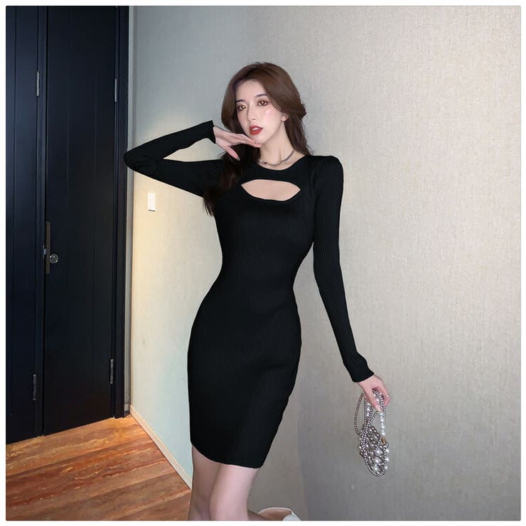 ツーピース ニット ワンピース ブラウス ハイウエスト 黒 韓国 ニットワンピース 全2色 フロントオープン[品番:JSFW0009812