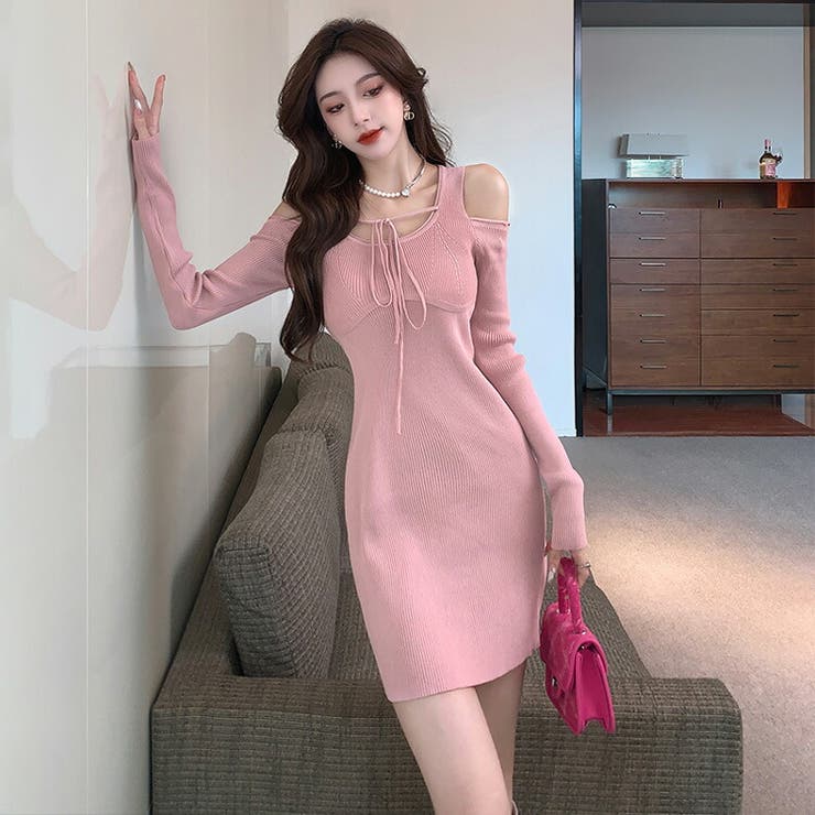 ニットワンピース オープンショルダー ミニワンピース[品番