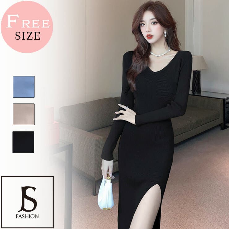 ニットワンピース 全3色 Vネック[品番：JSFW0009824]｜JS