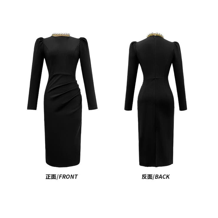 パールネックレス付 タイトワンピース シンプル[品番
