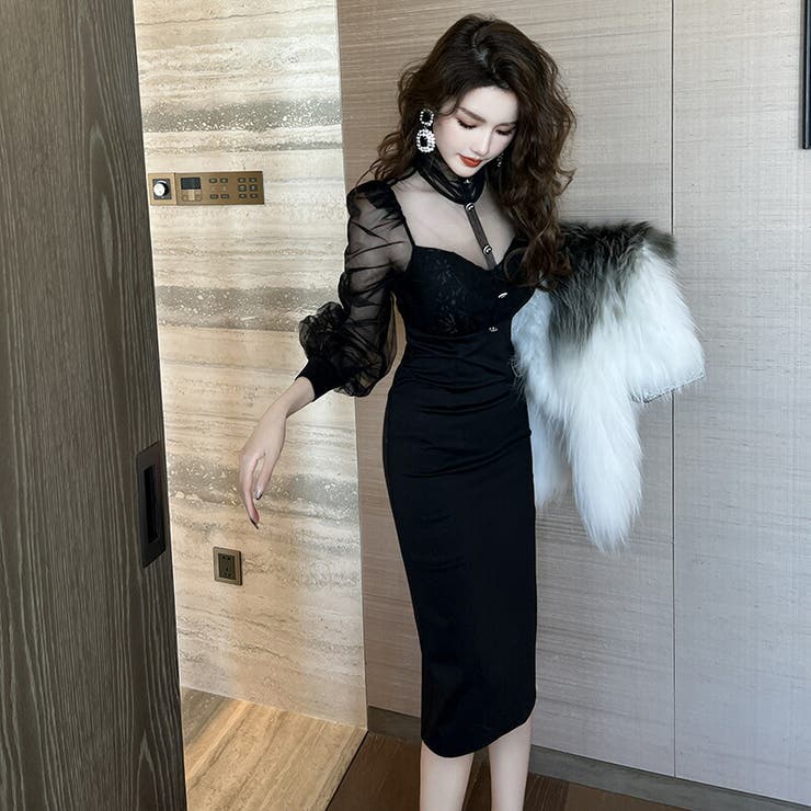 styling/ スタイリング ボリュームスリーブ ドッキングワンピース 黒 styling/（スタイリング）の「ハイフォルム ドッキング カット