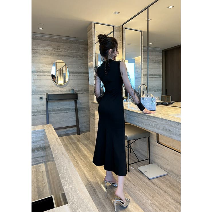 マーメイドロングワンピース 襟付き シースルー[品番