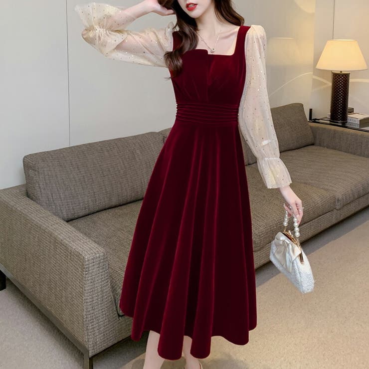 ベロアワンピース Aラインワンピース ロングワンピース[品番