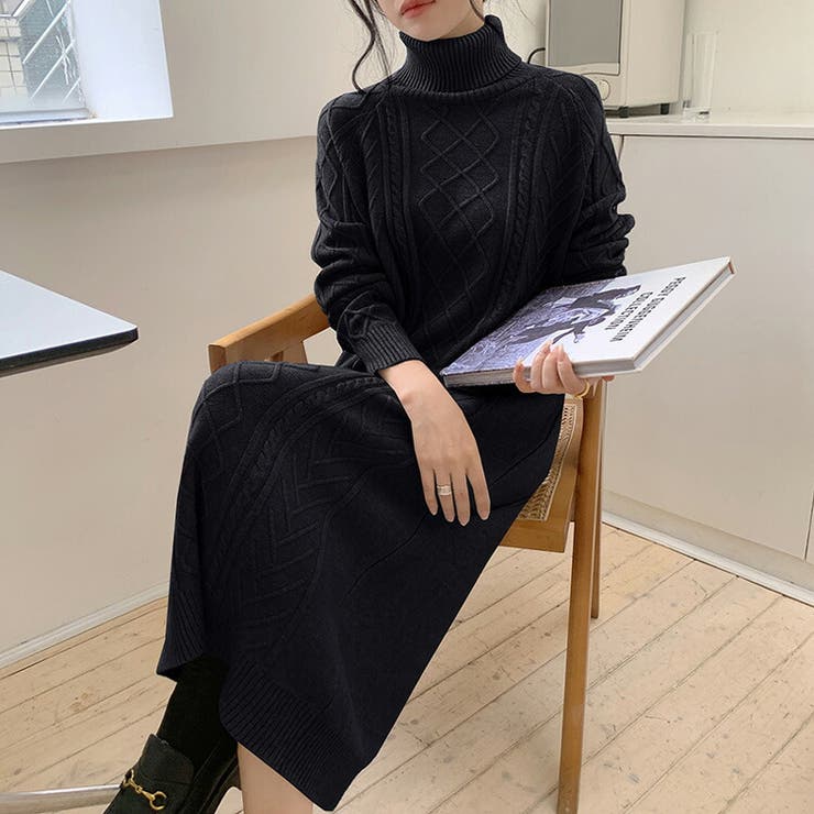 ケーブルニットワンピース 全5色 タートルネック[品番