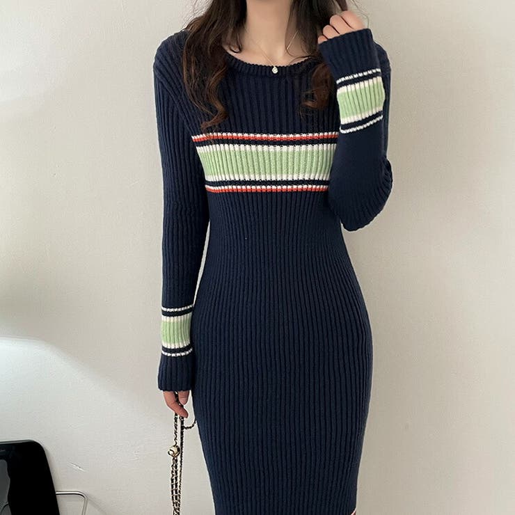 タイトニットワンピース ロングニット ボーダー[品番