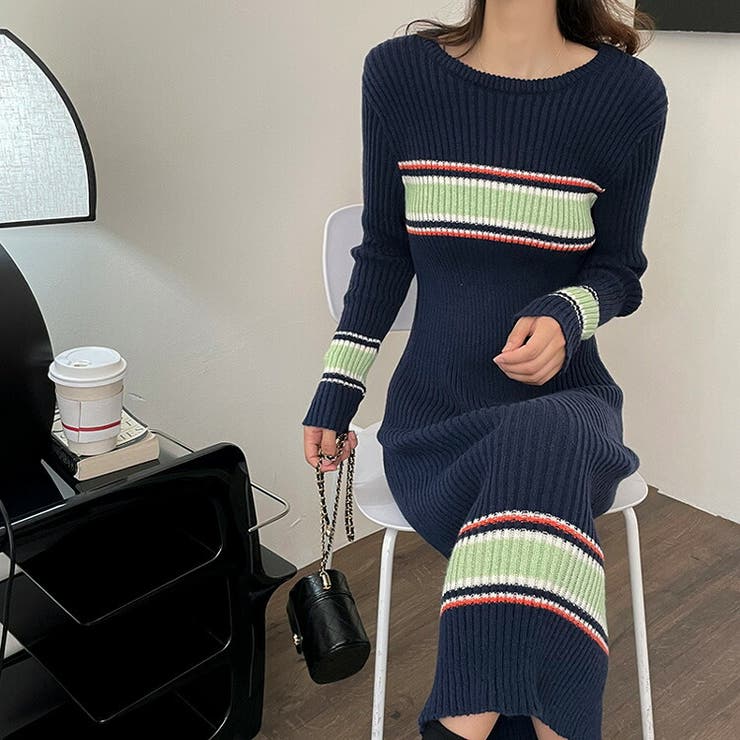 タイトニットワンピース ロングニット ボーダー[品番