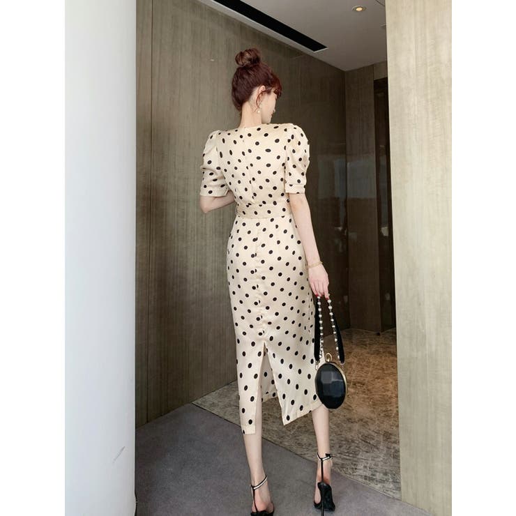 ドット柄ワンピース ウエストリボン 総柄[品番：JSFW0013262]｜JS