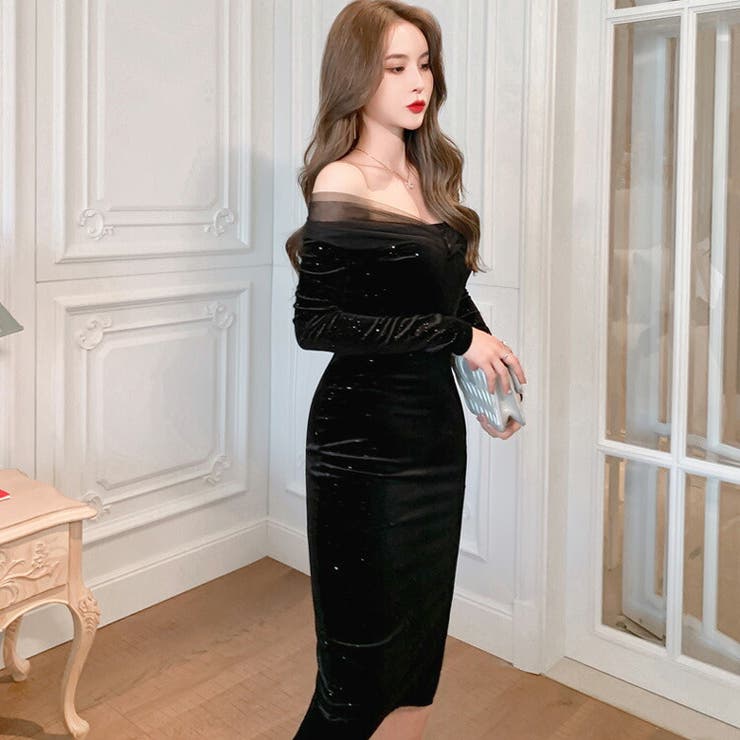 ベロアワンピース オフショルダー ラメ入り[品番：JSFW0011296]｜JS