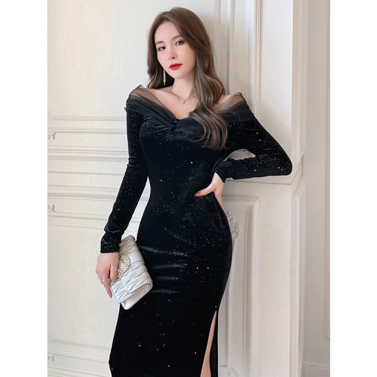 ベロアワンピース オフショルダー ラメ入り[品番：JSFW0011296]｜JS