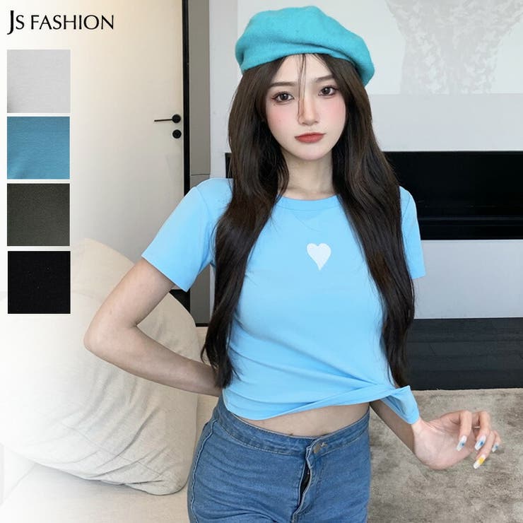トップス jentlouis 超ショート丈トップス ハート刺繍Tシャツ タイトトップス[品番