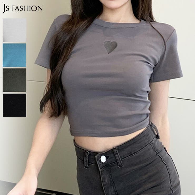 超ショート丈トップス ハート刺繍Tシャツ タイトトップス[品番