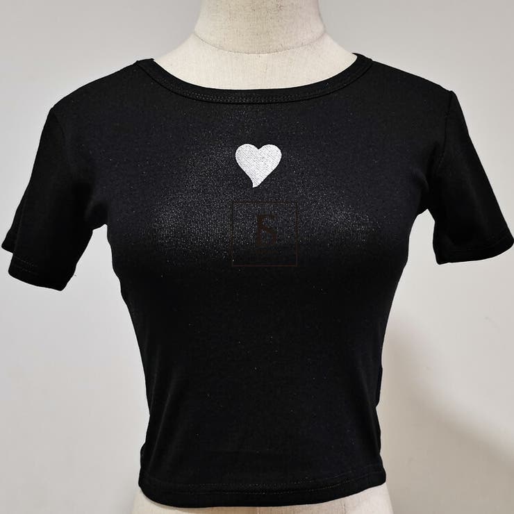 超ショート丈トップス ハート刺繍Tシャツ タイトトップス[品番