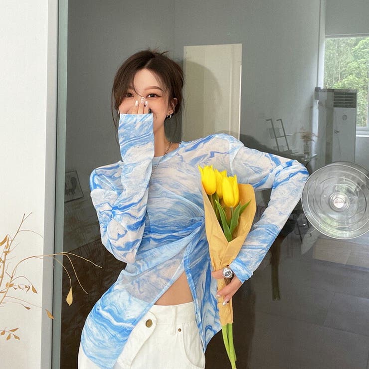 HATRA 柄 シアートップス マーブル柄 HATRA 柄 シアートップス マーブル柄