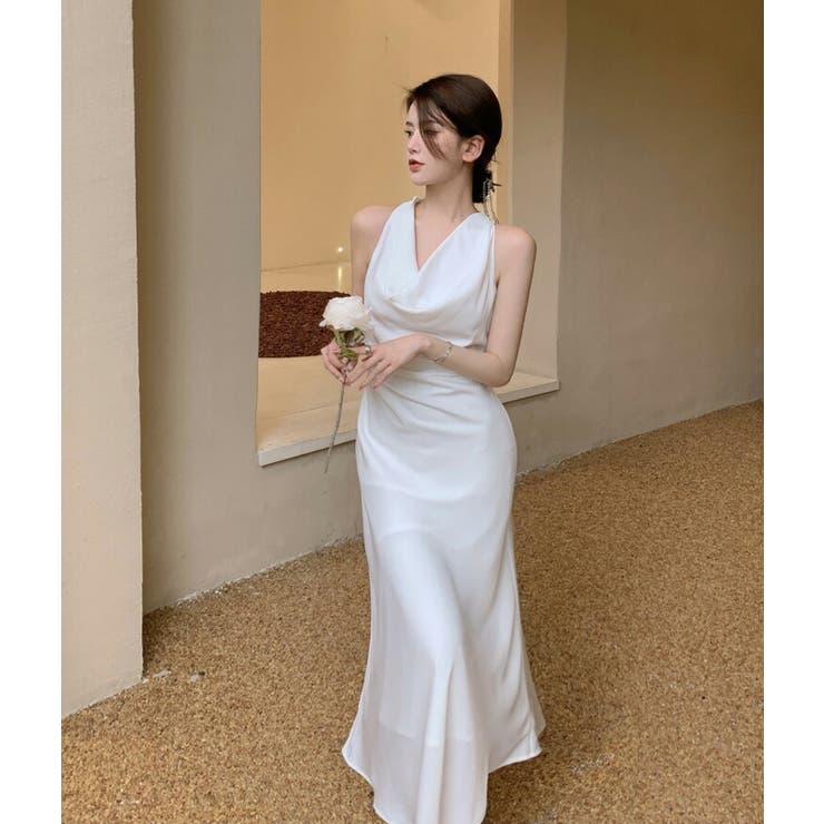 高級韓国ドレス＊Silhouelte＊タイネック✖️ロングスリーブドレス ワンショルダー・シンプル・フリル・スリット・ロングドレス