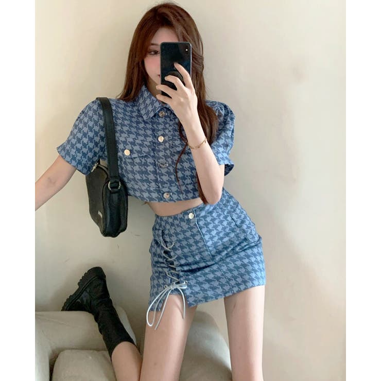 セットアップ デニムジャケットとミニスカート上下セット 千鳥