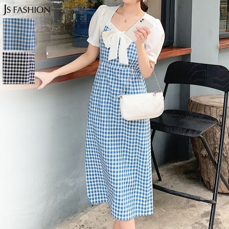 チェック柄ロングワンピース 全2色 リボンモチーフ[品番