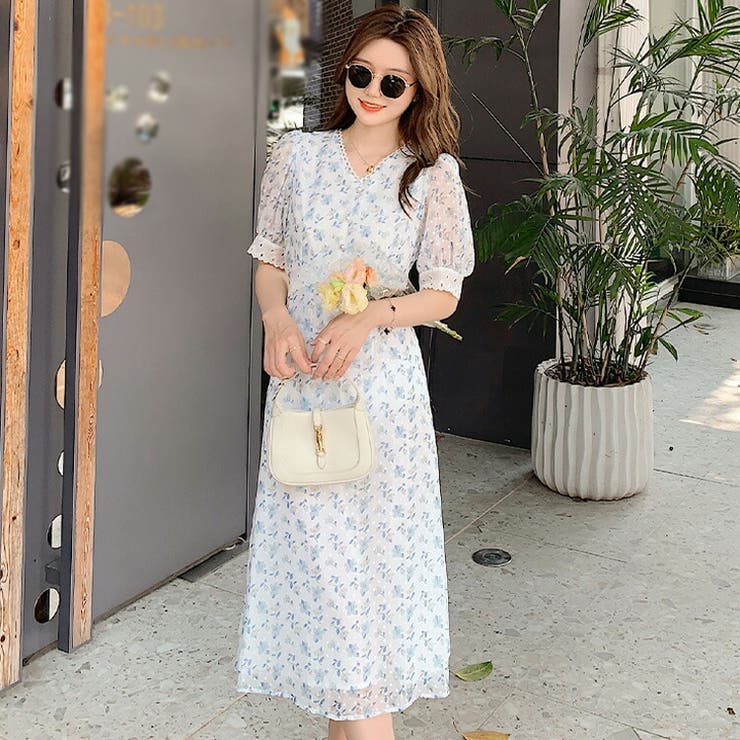 ドレス 花柄 ショート Aライン 半袖 フェミニン 韓国 SALE XS-Lサイズあり【ERUKEI エルケイ】花柄 /総レース / Aライン